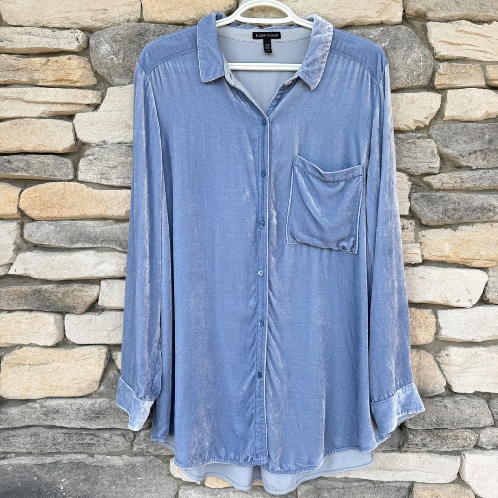 Eileen Fisher Silk Blend Velvet Long Sleeve Button Up Shirt Tunic Blue Size L